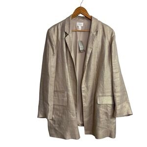 Chicos Womens Blazer 3 Gold Shimmer Duster Boyfriend Open Front Linen